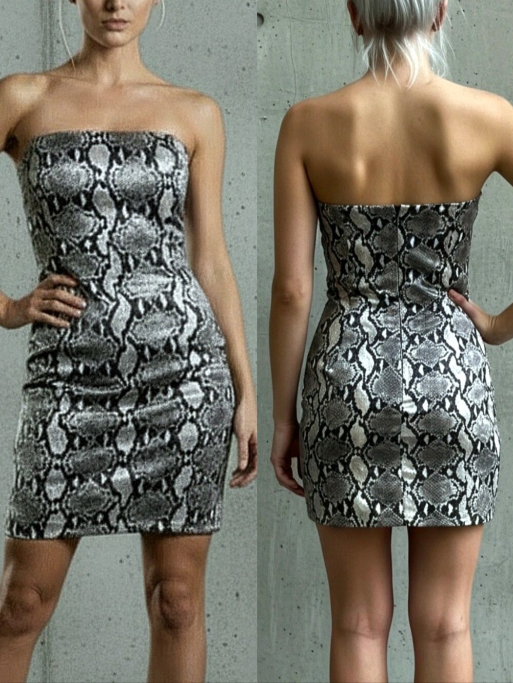 Vtg Y2K Hugo Buscati VS metallic silver snakeskin silk strapless mini dress 14